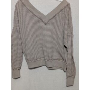 La Miel Womens Small Waffle Knit VNeck Sweater Taupe Beige Raw Edge Seam Slouchy